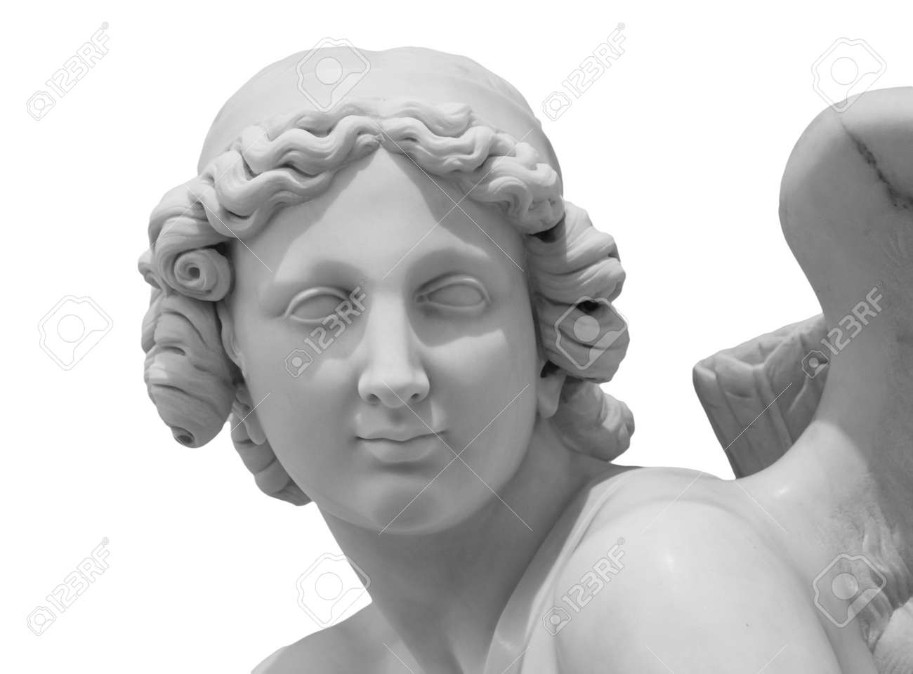 Ancient white marble sculpture head of angel. Antique statue isolated on white background. A carved marble cemetery memorial angel - 167063632 Ancient white marble sculpture head of angel. Antique statue isolated on white background. A carved marble cemetery memorial angel - 167063632