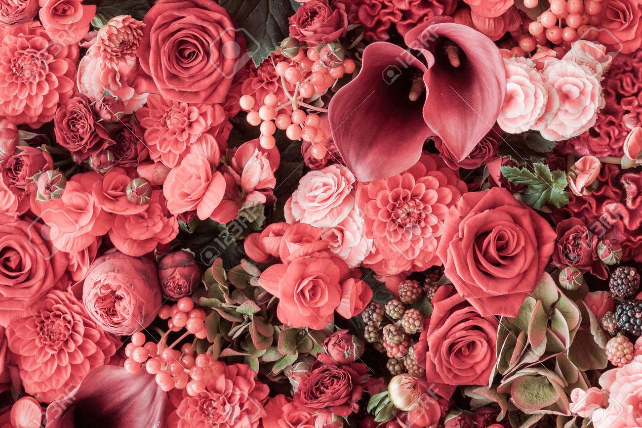Beautiful bouquet of mixed flowers. A bright mix of Dahlia, Chrysanthemum, Calla and Rose. The work of the florist at a flower shop - 167149628 Beautiful bouquet of mixed flowers. A bright mix of Dahlia, Chrysanthemum, Calla and Rose. The work of the florist at a flower shop - 167149628