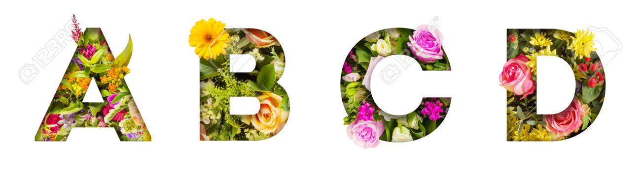 Floral letters. The letters A, B, C, D are made from colorful flower photos. A collection of wonderful flora letters for unique spring decorations and various creation ideas - 169111109 Floral letters. The letters A, B, C, D are made from colorful flower photos. A collection of wonderful flora letters for unique spring decorations and various creation ideas - 169111109