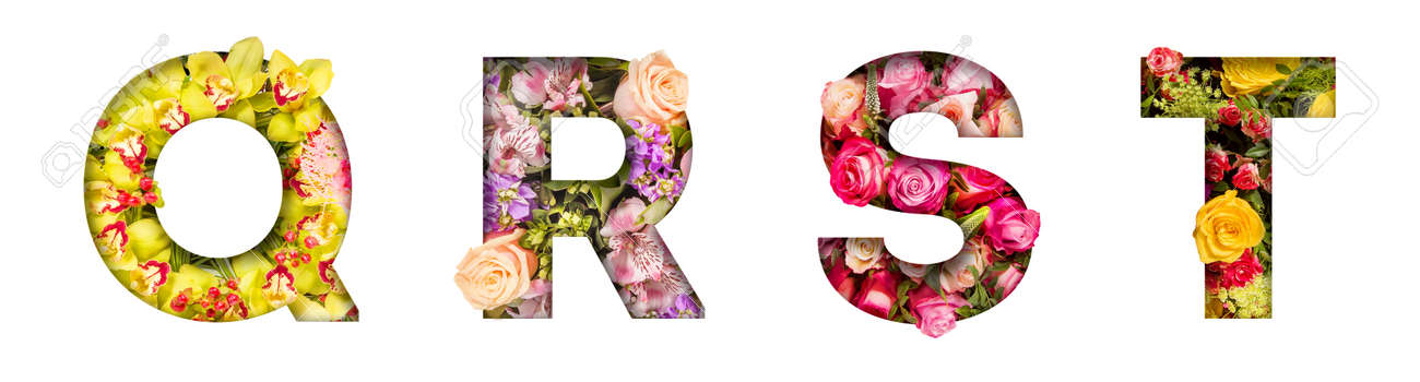 Floral letters. The letters Q, R, S, T are made from colorful flower photos. A collection of wonderful flora letters for unique spring decorations and various creation ideas - 169111114 Floral letters. The letters Q, R, S, T are made from colorful flower photos. A collection of wonderful flora letters for unique spring decorations and various creation ideas - 169111114