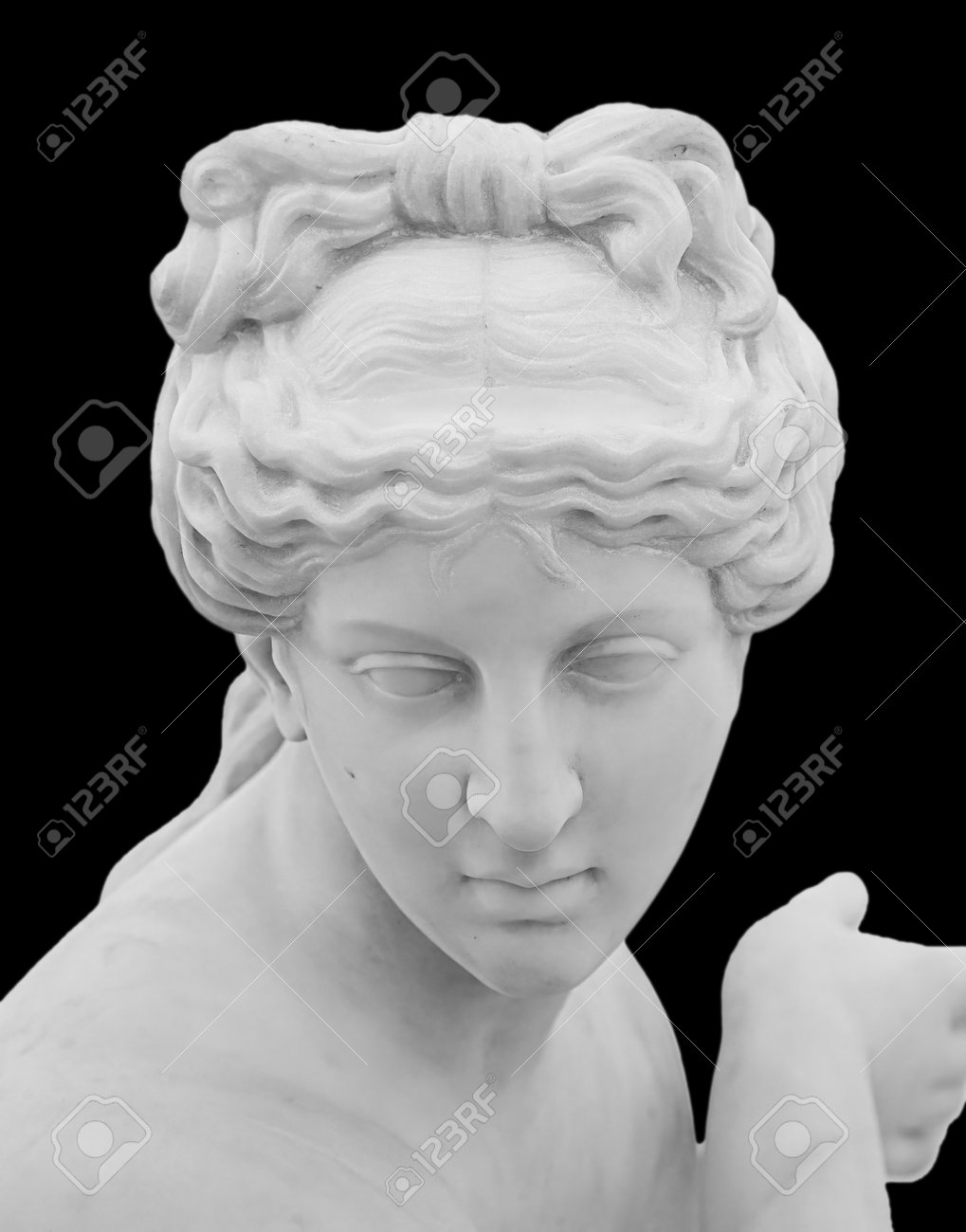 Ancient white marble sculpture head of young woman. Statue of sensual renaissance art era woman antique style. Face isolated on black background - 169669226 Ancient white marble sculpture head of young woman. Statue of sensual renaissance art era woman antique style. Face isolated on black background - 169669226