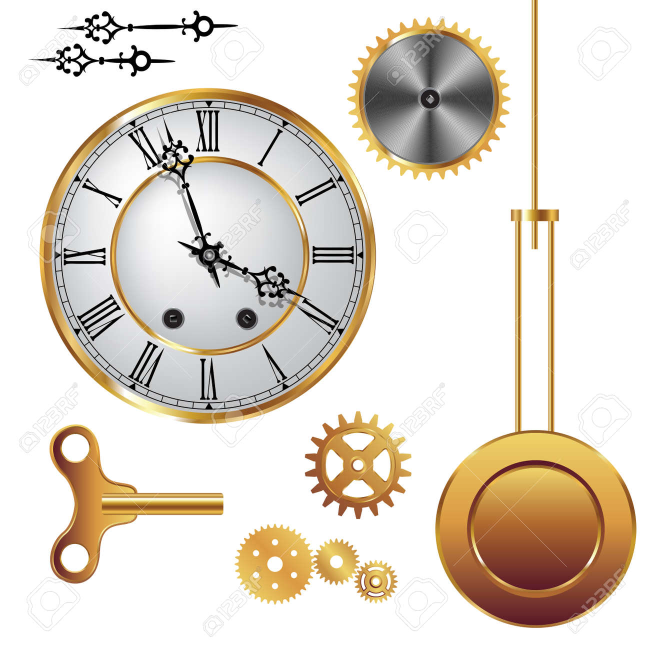 Parts Of Clock Mechanism Isolated On White Background. Vector