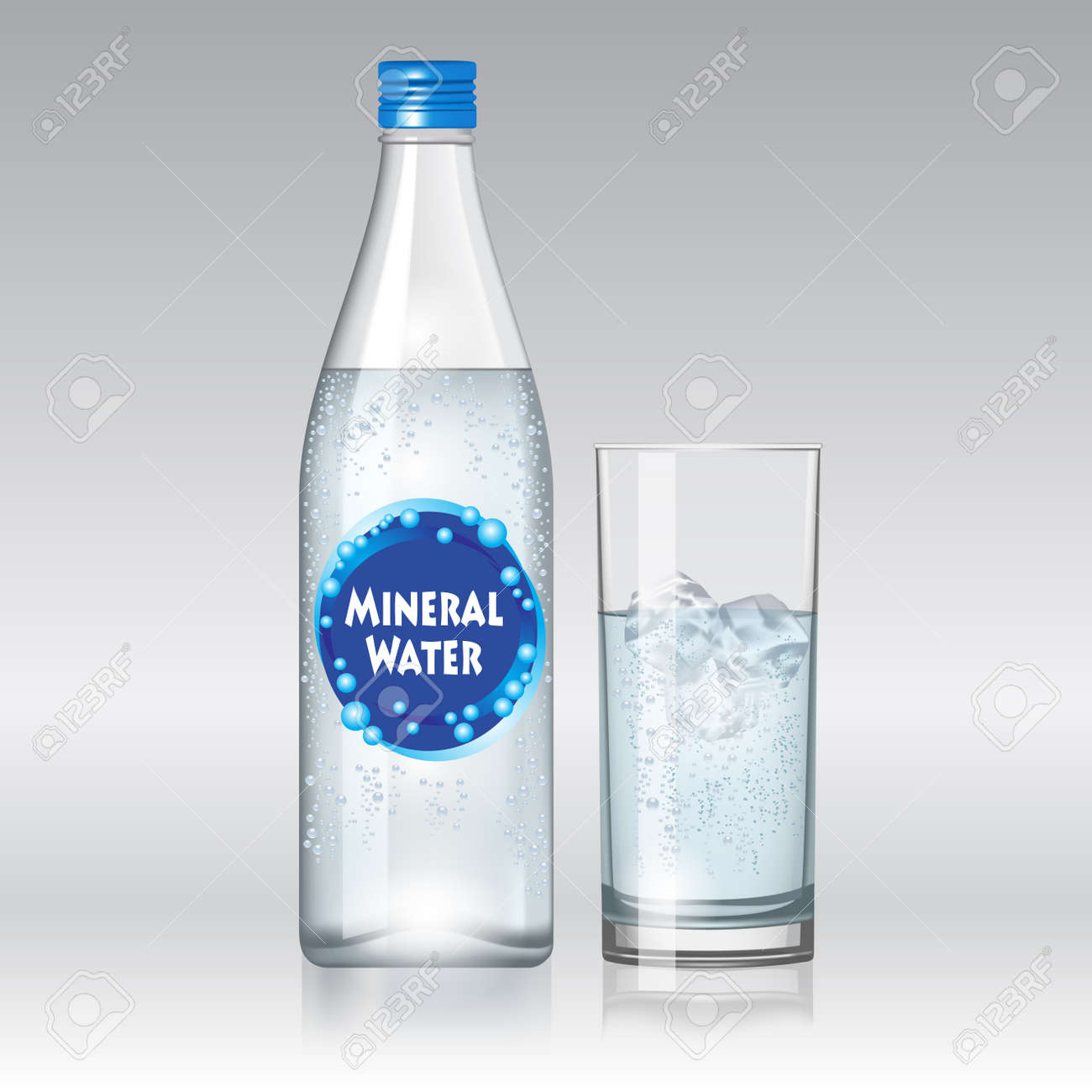 Verre Deau Et Une Bouteille Deau Minérale Isolé Sur Fond Blanc Vector Illustration