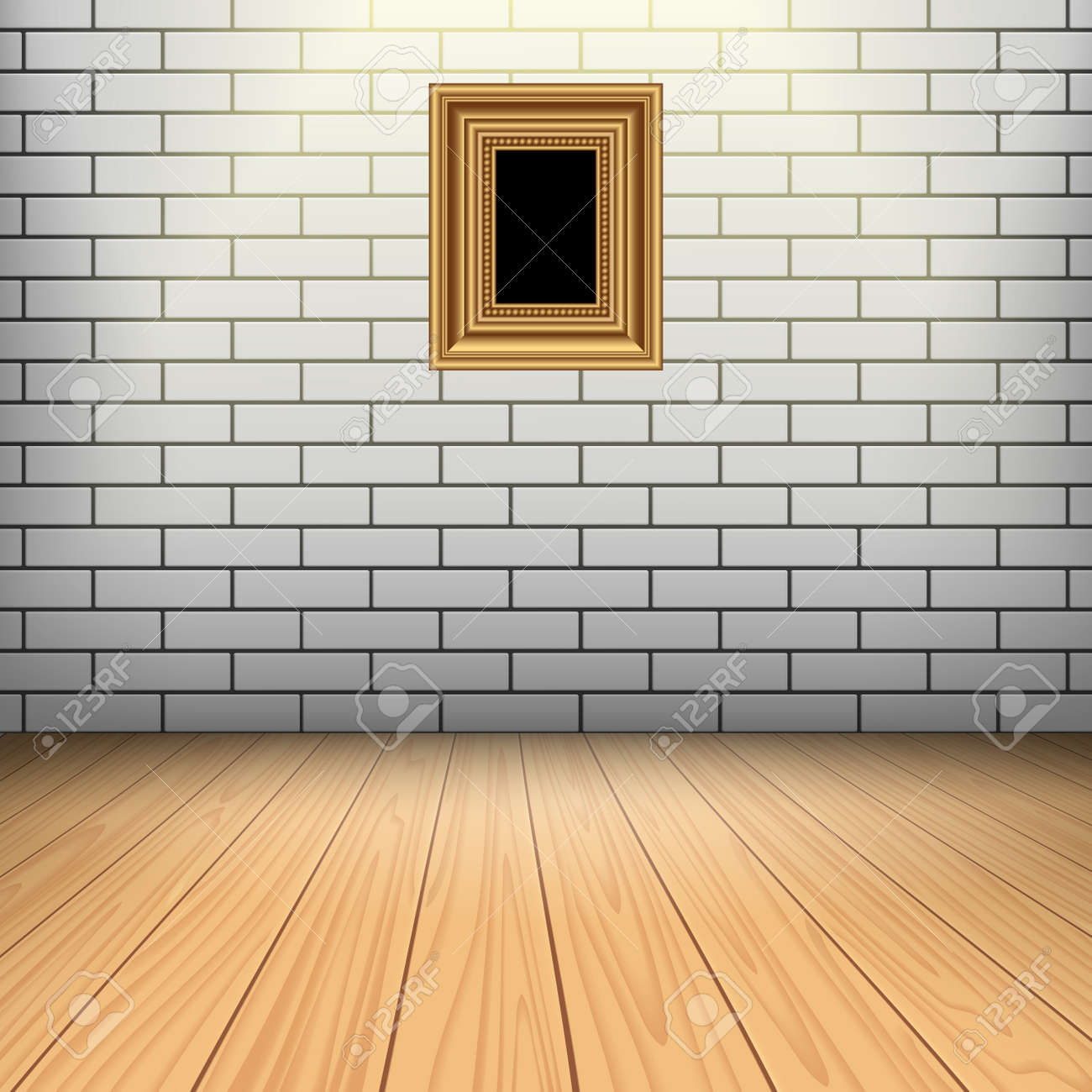 あなたの写真の白いレンガの壁 木の床 ゴールデン フレーム内部の部屋 のイラスト素材 ベクタ Image