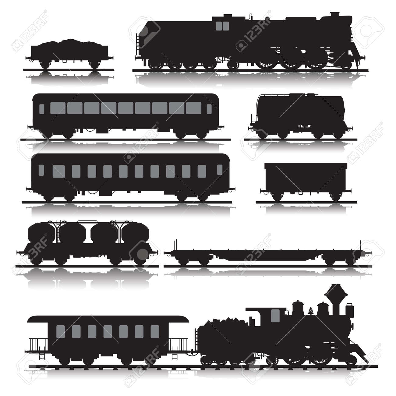 Vector illustration of railway trains consisting of locomotives, platforms for transportation of containers, covered wagons, cisterns, and rail cars - 46081426 Vector illustration of railway trains consisting of locomotives, platforms for transportation of containers, covered wagons, cisterns, and rail cars - 46081426