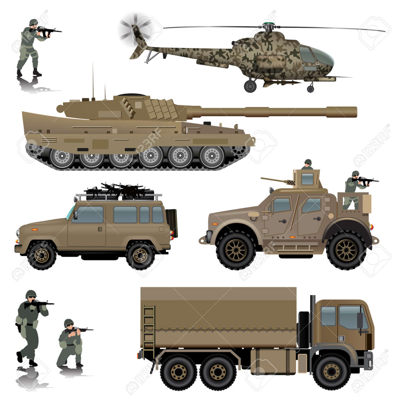 Set of military vehicles. Tank, helicopter, land vehicles and soldiers. Vector illustration - 46534796 Set of military vehicles. Tank, helicopter, land vehicles and soldiers. Vector illustration - 46534796