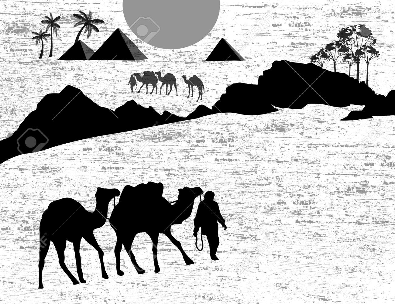 Beduinen Kamel Karawane In Wilde Afrika Landschaft Auf Schwarz Und Weiss Illustration Lizenzfrei Nutzbare Vektorgrafiken Clip Arts Illustrationen Image