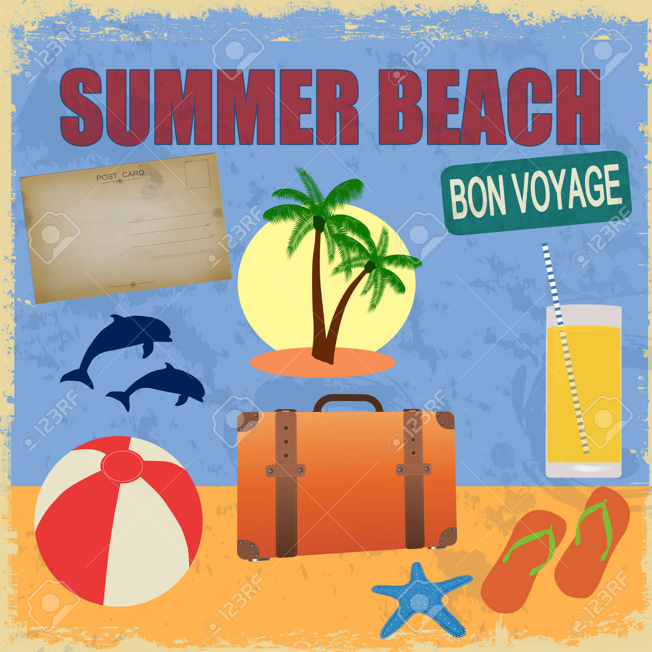 レトロなスタイルで夏のビーチ 古いスタイルで イラストのサマー アイテムでビンテージ夏はがき のイラスト素材 ベクタ Image