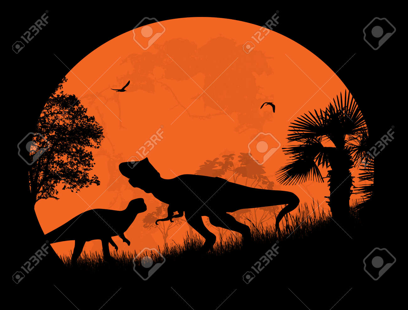 恐竜シルエット ティラノサウルス T Rex の満月の前に のイラスト素材 ベクタ Image