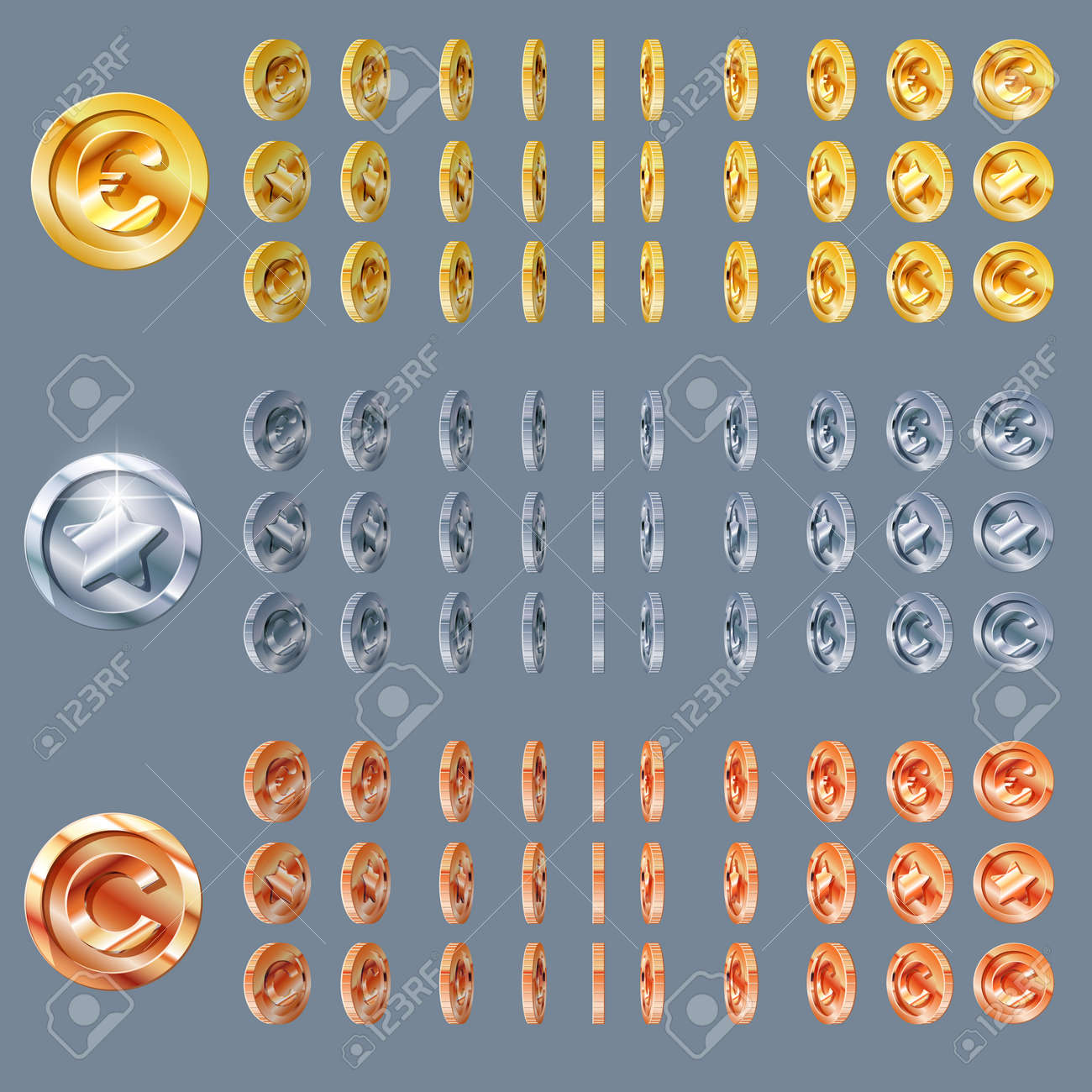 回転アニメーション コインが回る、フレーム単位で、金、銀、青銅の漫画します。コインのセットのイラスト素材・ベクター Image 67088535