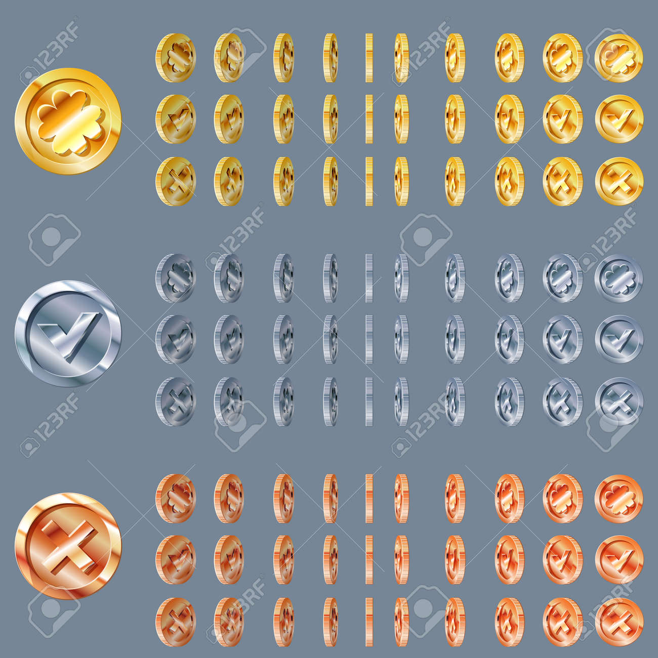 回転アニメーション コインが回る、フレーム単位で、金、銀、青銅の漫画します。コインのセットのイラスト素材・ベクター Image 67140398