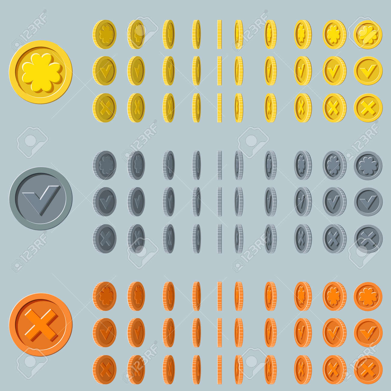 回転アニメーション コインが回る、フレーム単位で、金、銀、青銅の漫画します。コインのセットのイラスト素材・ベクター Image 84951620