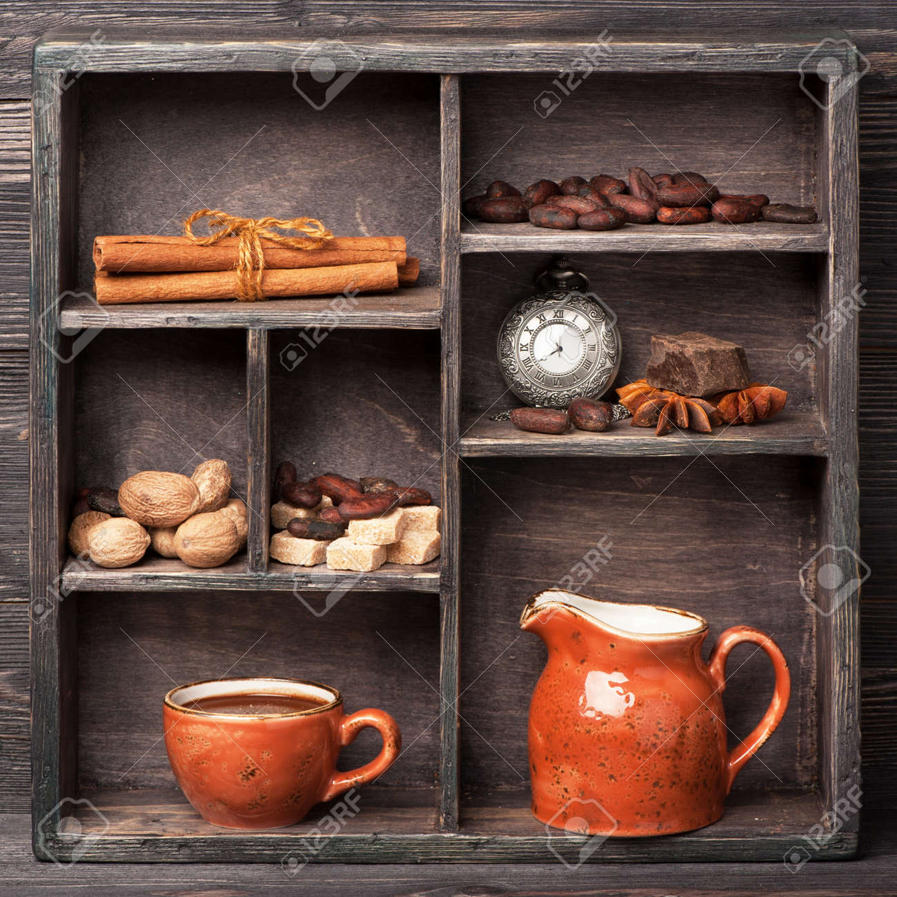 hot chocolate vintage printer tray collage stock photo picture photo collage printer