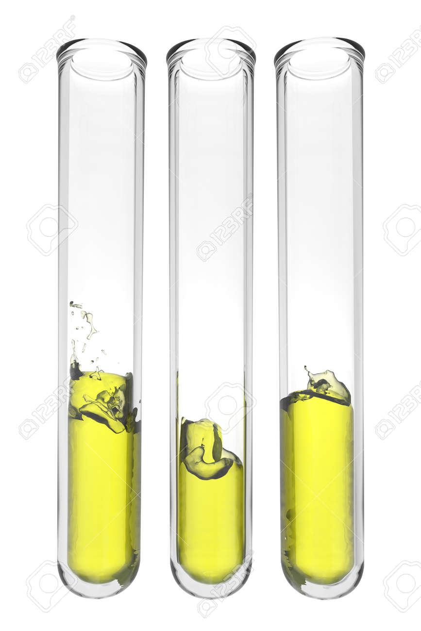 白い背景に黄色い液体が波状で 3 Testtubes の写真素材 画像素材 Image