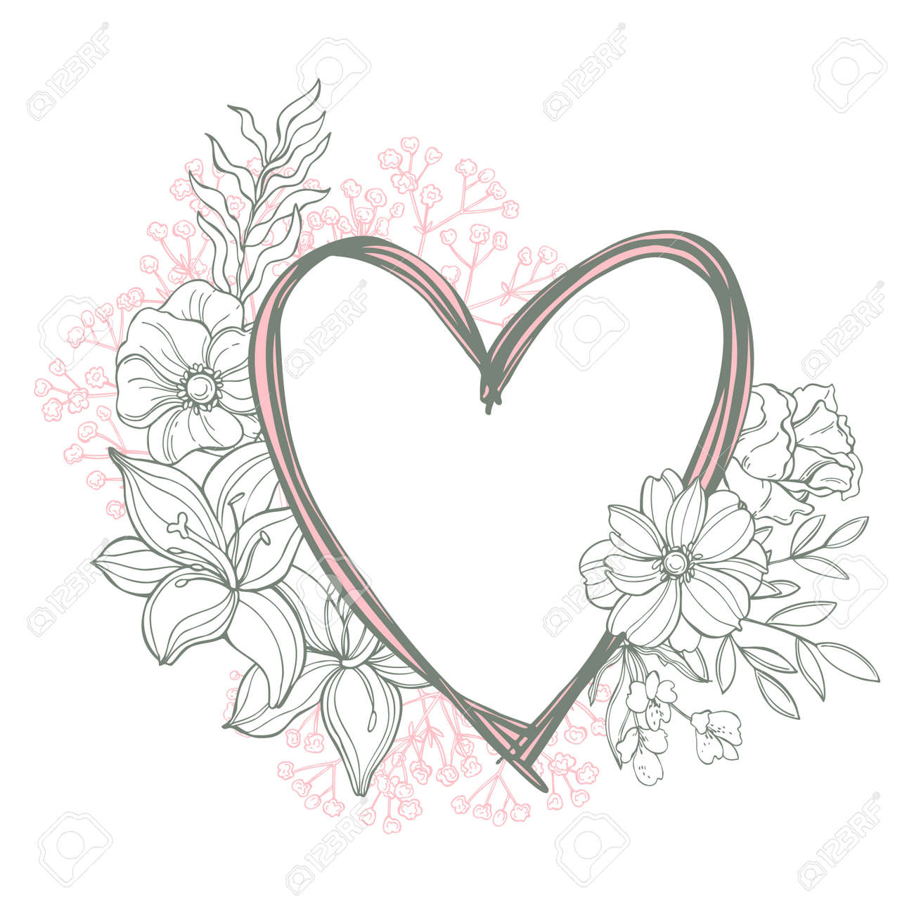 Hand Drawn Heart With Flowers. Vector Sketch Illustration. Royalty Free  SVG, Cliparts, Vectors, and Stock Illustration. Image 163375944., image size:1300x1300
