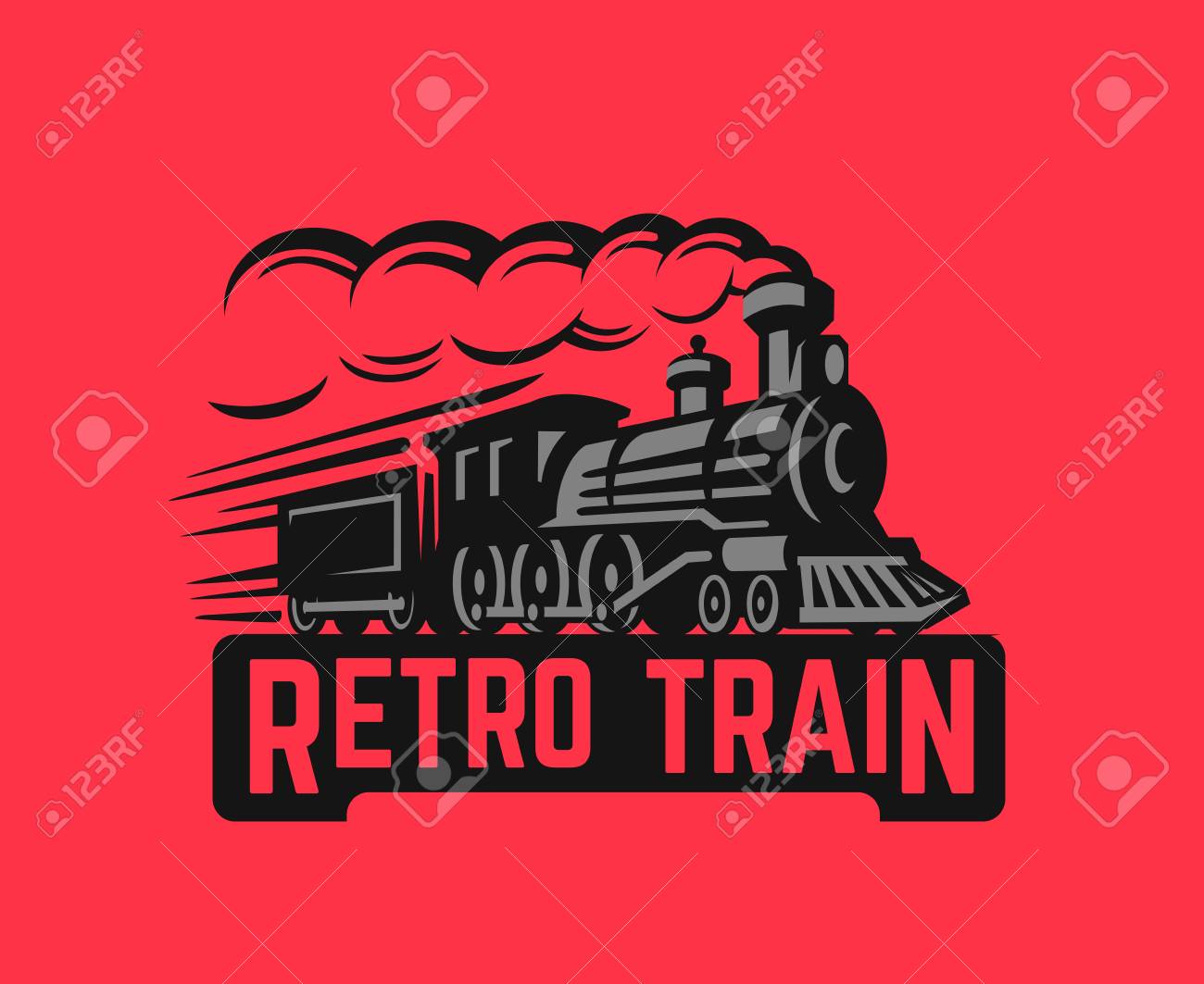 赤背景にレトロな黒列車イラストをイラストで送る のイラスト素材 ベクタ Image