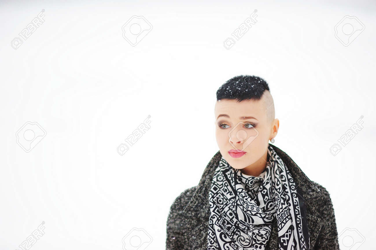 Portrait Lovely Cute Girl With Snowflakes On A Short Hair Coat