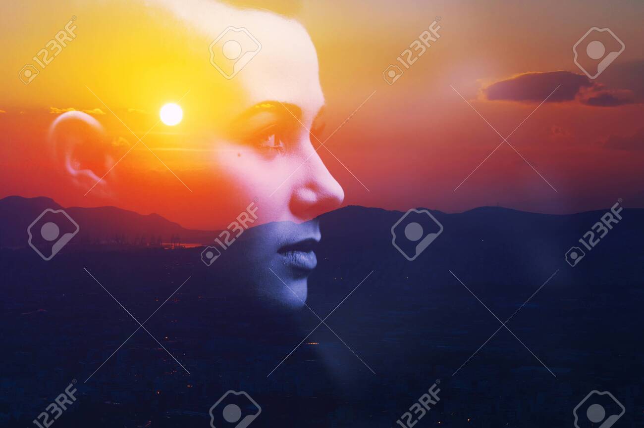 Dubbele vermenigvuldiging blootstelling abstract donker portret van een dromerige schattige jonge vrouw gezicht hoofd silhouet in de lucht, zonsopgang of zonsondergang natuur. psychologie kracht van geest, menselijke geest, geestelijke gezondheid, zen concept. - 149883922 Dubbele vermenigvuldiging blootstelling abstract donker portret van een dromerige schattige jonge vrouw gezicht hoofd silhouet in de lucht, zonsopgang of zonsondergang natuur. psychologie kracht van geest, menselijke geest, geestelijke gezondheid, zen concept. - 149883922