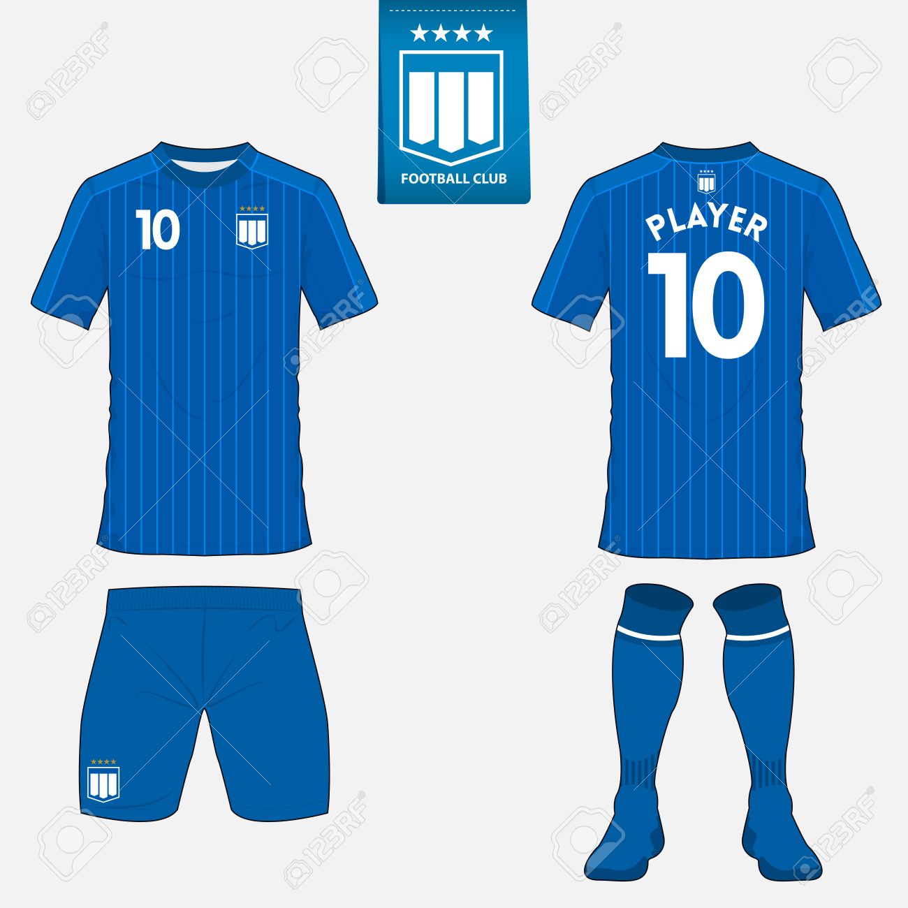 Set of soccer kit or football jersey template for football club. Flat football logo on blue label. Front and back view. Football apparel mock up. Vector Illustration - 59691761 Set of soccer kit or football jersey template for football club. Flat football logo on blue label. Front and back view. Football apparel mock up. Vector Illustration - 59691761