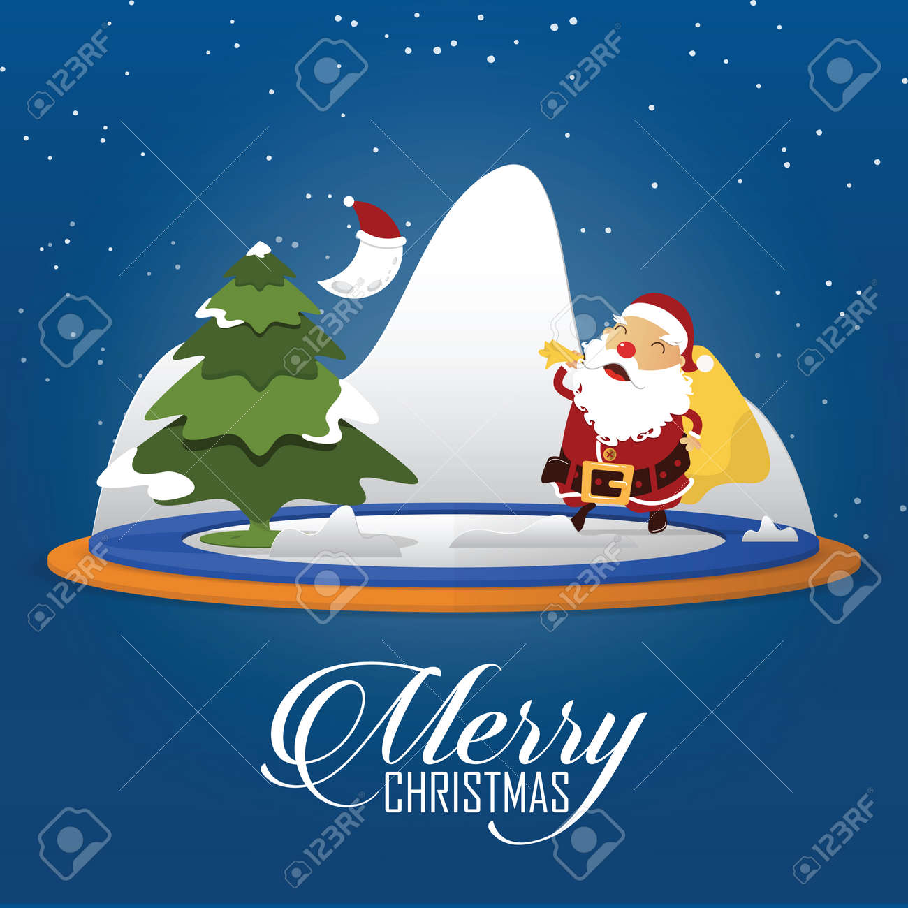 Merry Christmas Scene With Santa Claus Carrying Sack Full Of - 