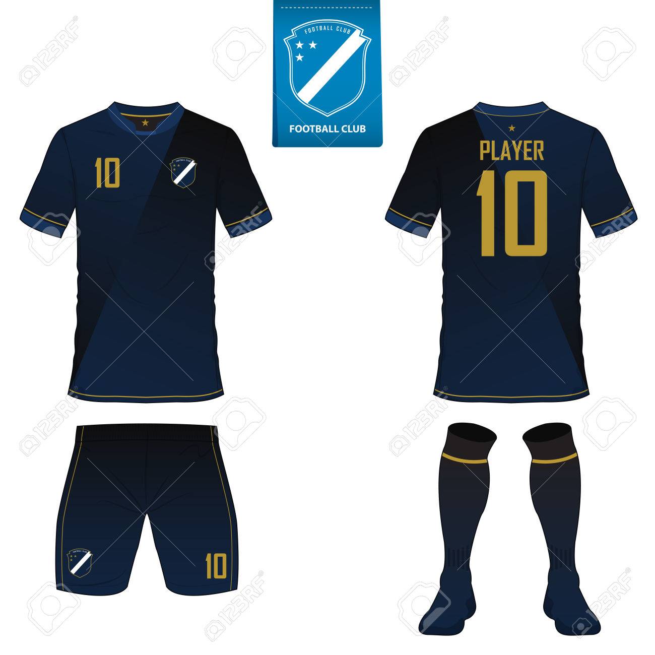 Set of soccer kit or football jersey template for football club. Flat football logo on blue label. Front and back view soccer uniform. - 75492740 Set of soccer kit or football jersey template for football club. Flat football logo on blue label. Front and back view soccer uniform. - 75492740
