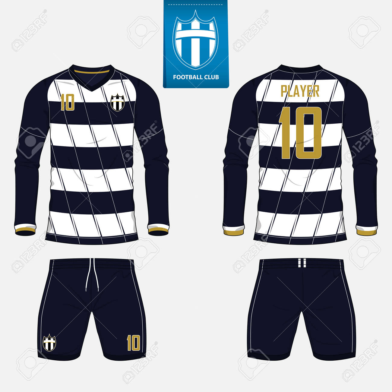 長いスリーブ サッカー ジャージー サッカー キット テンプレート フットボール クラブのためのセットです サッカー シャツ モックアップ 前面と背面は サッカー制服を表示します 青いラベルにフラット サッカーのロゴ ベクトルの図 のイラスト素材 ベクタ