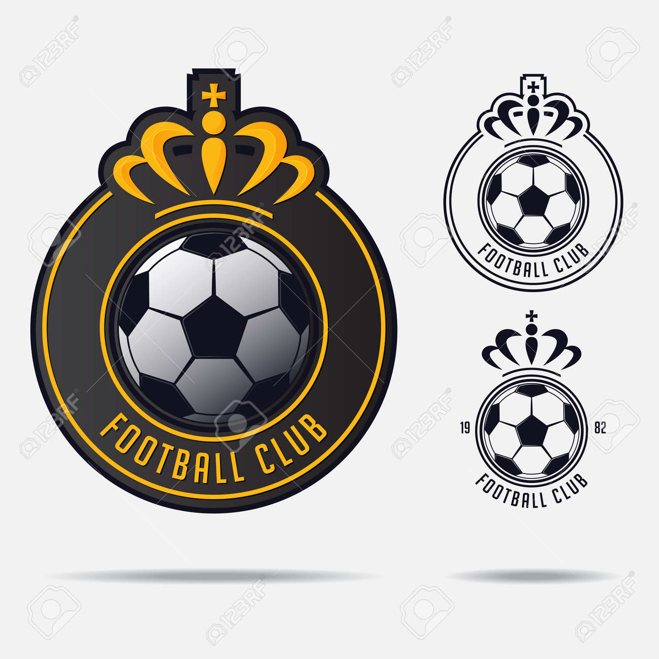 Soccer emblem or Football Badge Logo Design for football team. Minimal design of golden crown and classic soccer ball. Football club logo in black and white icon. Vector Illustration. - 87431230 Soccer emblem or Football Badge Logo Design for football team. Minimal design of golden crown and classic soccer ball. Football club logo in black and white icon. Vector Illustration. - 87431230