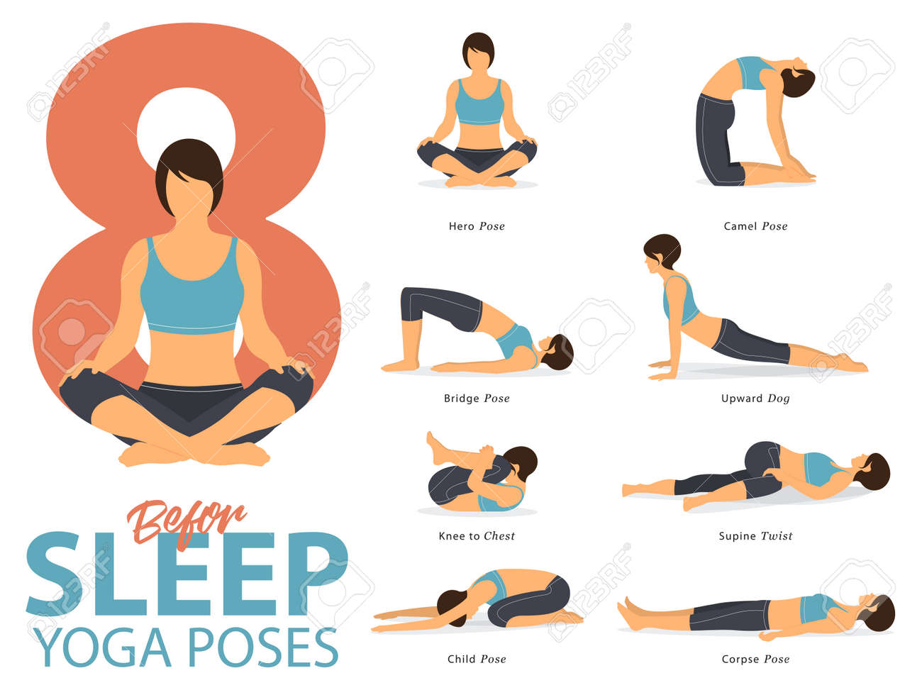 A set of yoga postures female figures for Infographic 8 Yoga poses for exercise before sleep in flat design. Vector Illustration. - 88069584 A set of yoga postures female figures for Infographic 8 Yoga poses for exercise before sleep in flat design. Vector Illustration. - 88069584