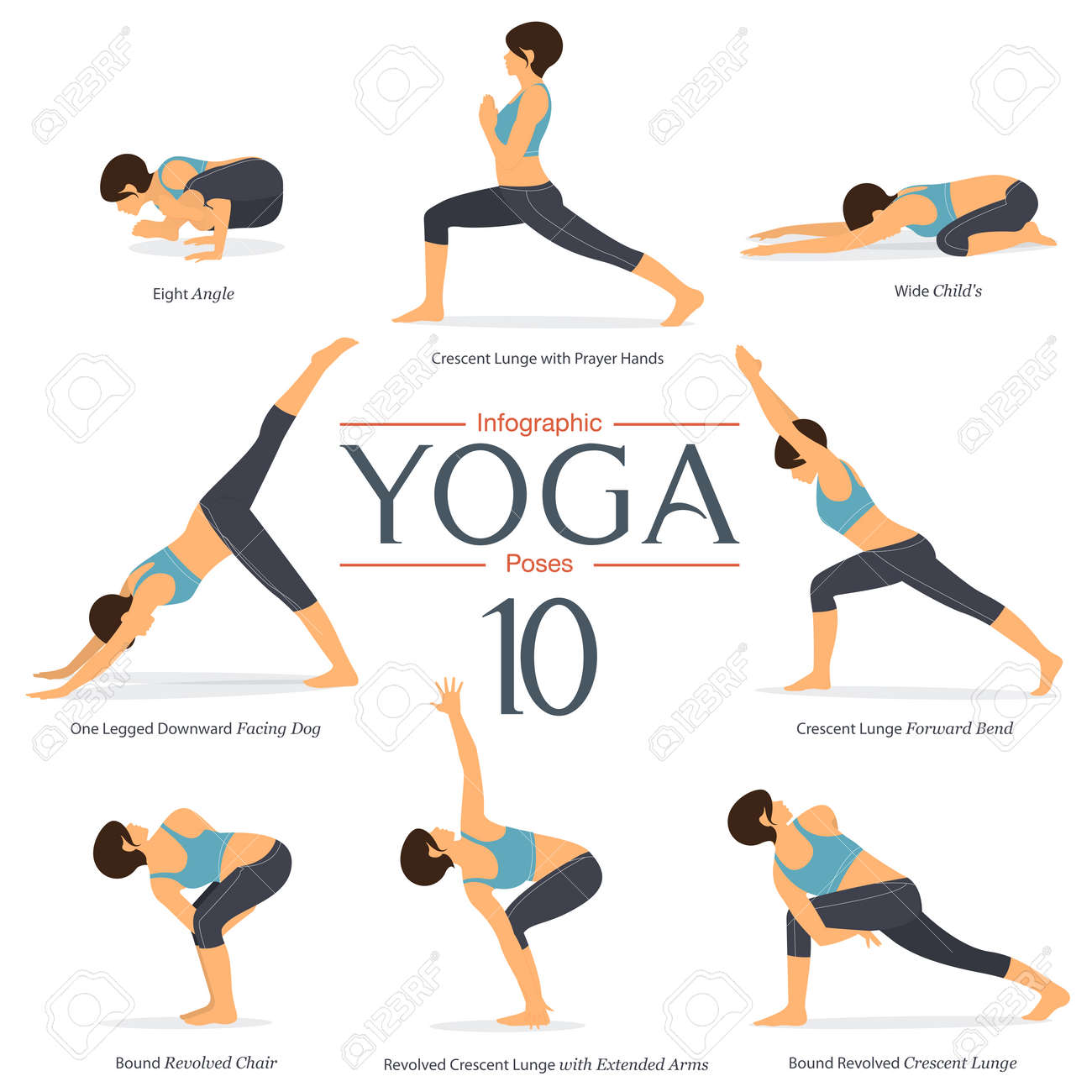 Set of 8 yoga poses in flat design . Woman figures exercise in blue sportswear and black yoga pant for yoga infographics. Vector Illustration. - 94818068 Set of 8 yoga poses in flat design . Woman figures exercise in blue sportswear and black yoga pant for yoga infographics. Vector Illustration. - 94818068