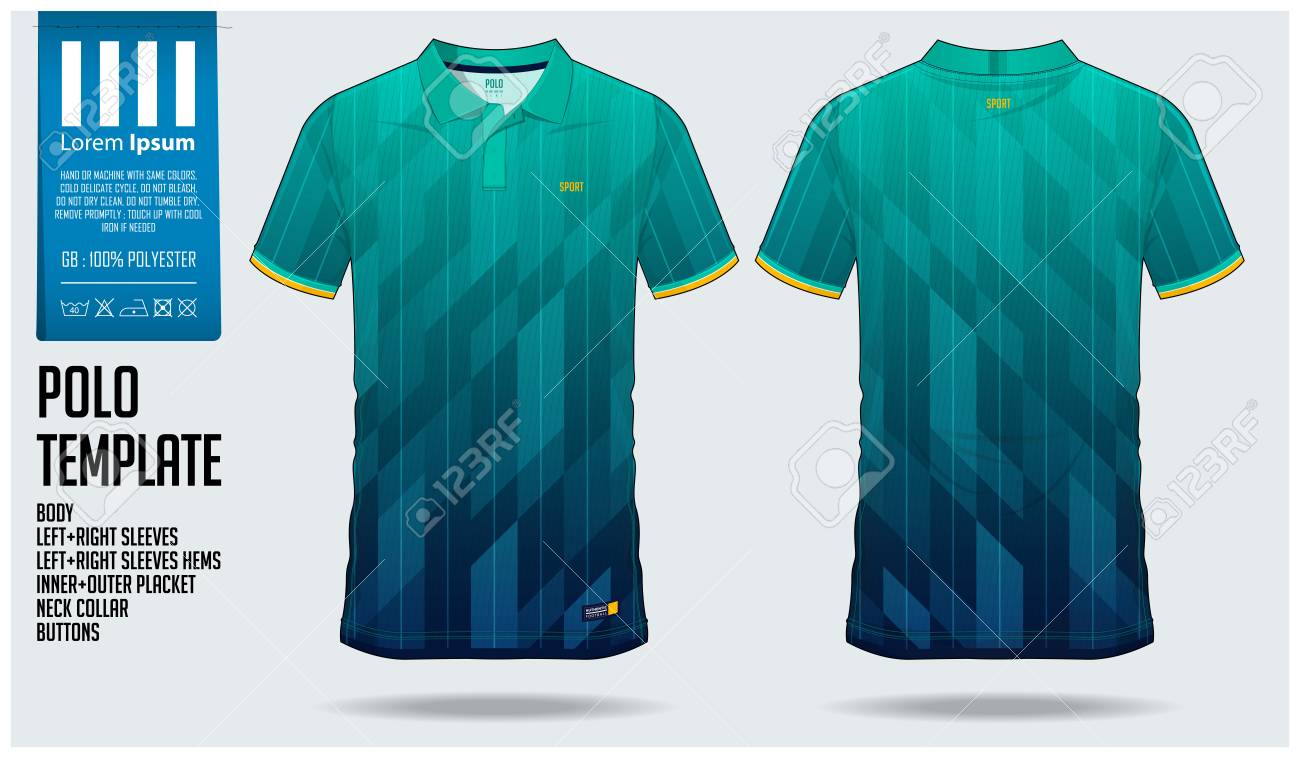 Diseño De Plantilla Deportiva De Camiseta Polo Degradado Azul Y Verde Para Fútbol, Kit De Fútbol O Ropa Deportiva. Deportivo En Vista Frontal Y Vista Posterior. Maqueta De Camiseta