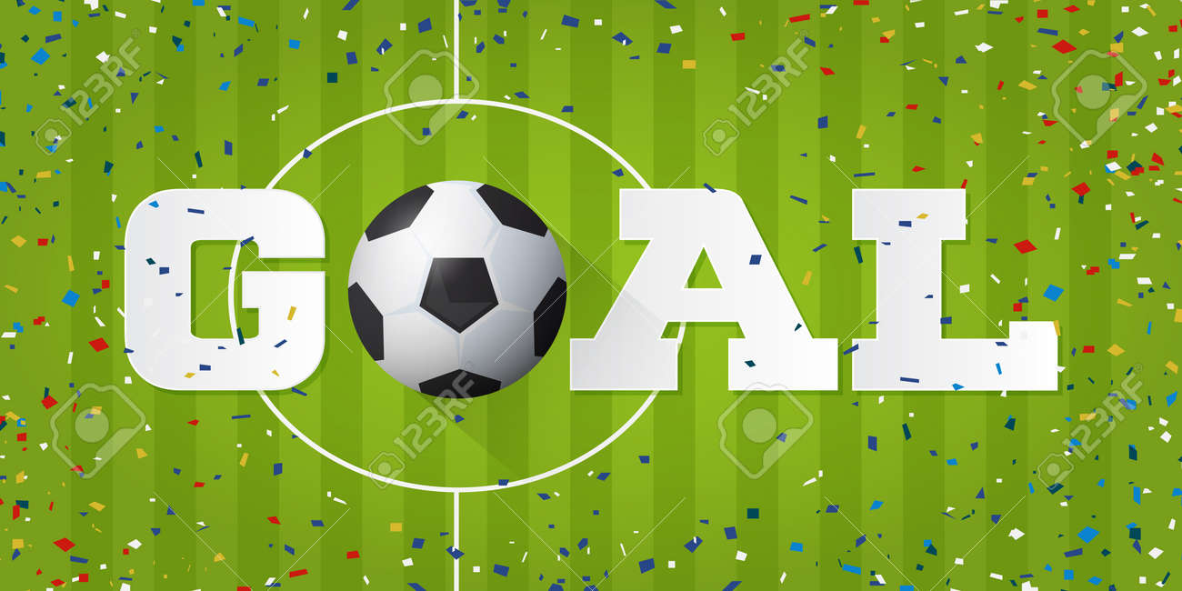 goal banner with soccer ball and paper confetti on soccer field soccer ball paper
