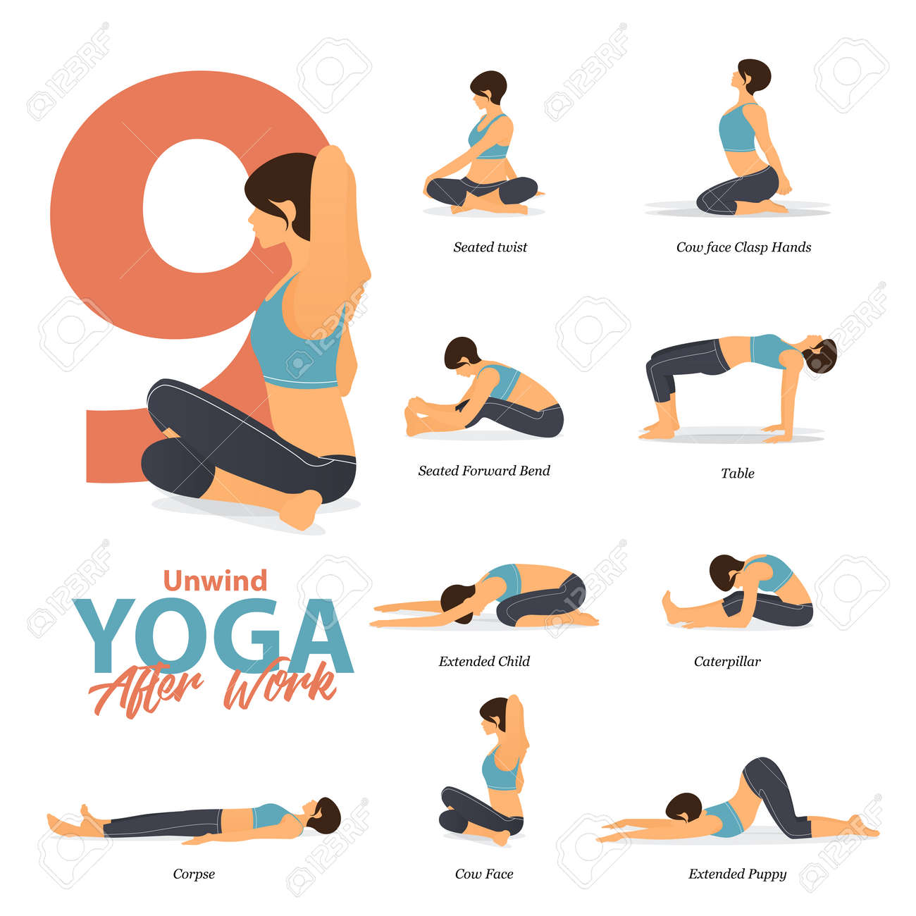 Infographic of 40 Yoga poses for after work concept in flat design Infographic of 40 Yoga poses for after work concept in flat design