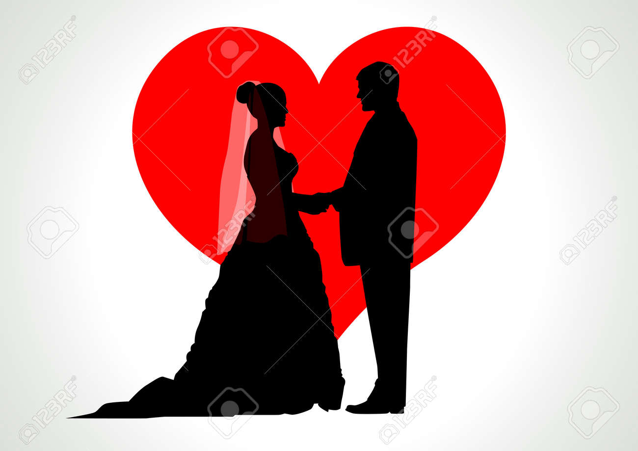 シルエット イラスト ハート記号で新郎新婦の背景としてのイラスト素材 ベクタ Image