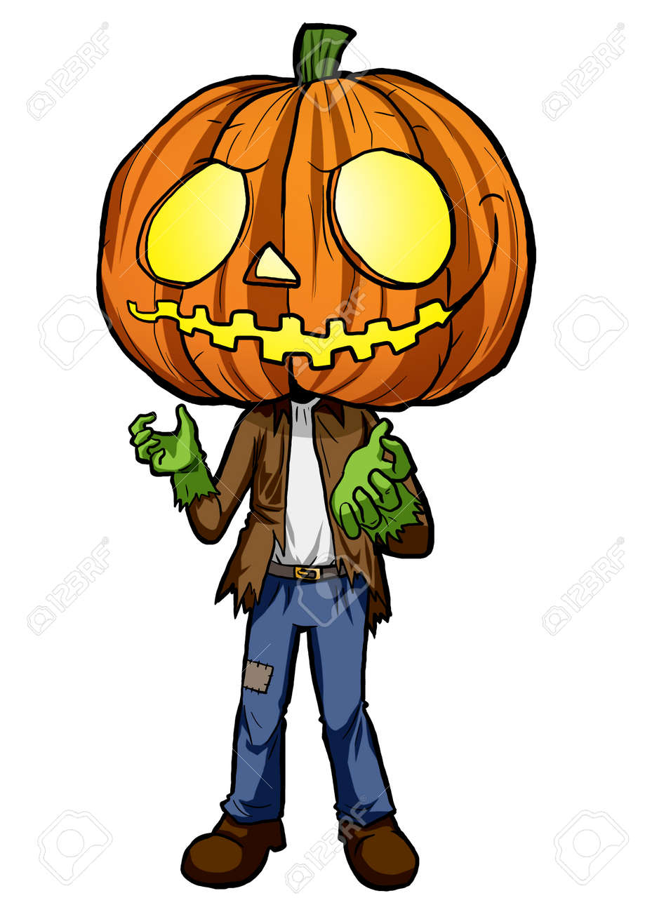 パンプキン ヘッドとハロウィン ゴーストの漫画イラスト の写真素材 画像素材 Image