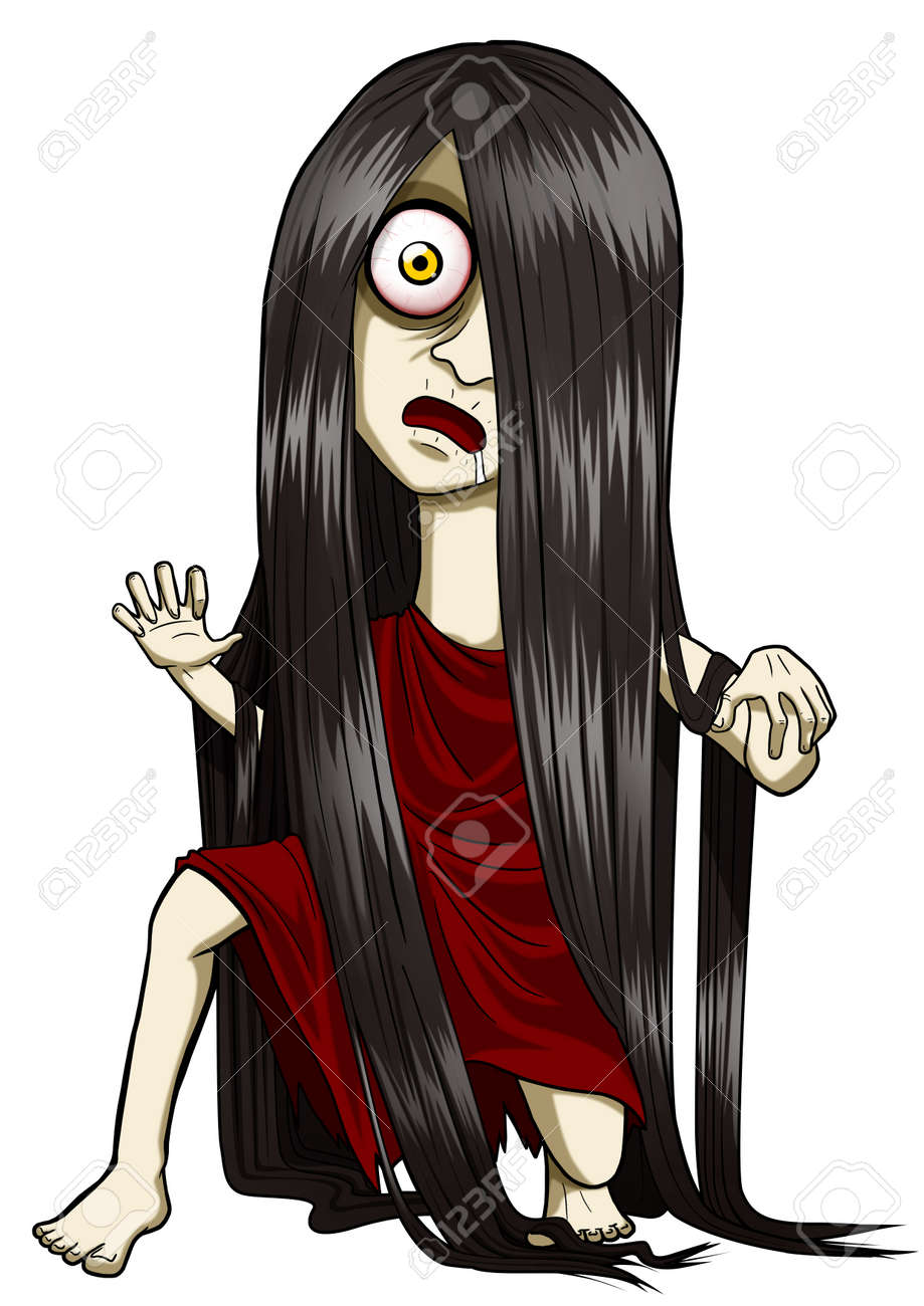 長い髪と怖い女性図の漫画イラスト の写真素材 画像素材 Image