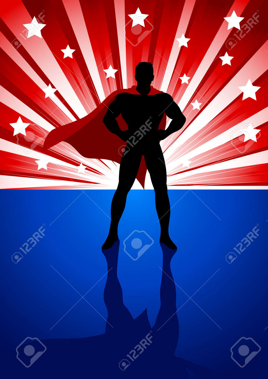 Silhouette illustration of a superhero standing in front of light burst - 31525478 Silhouette illustration of a superhero standing in front of light burst - 31525478