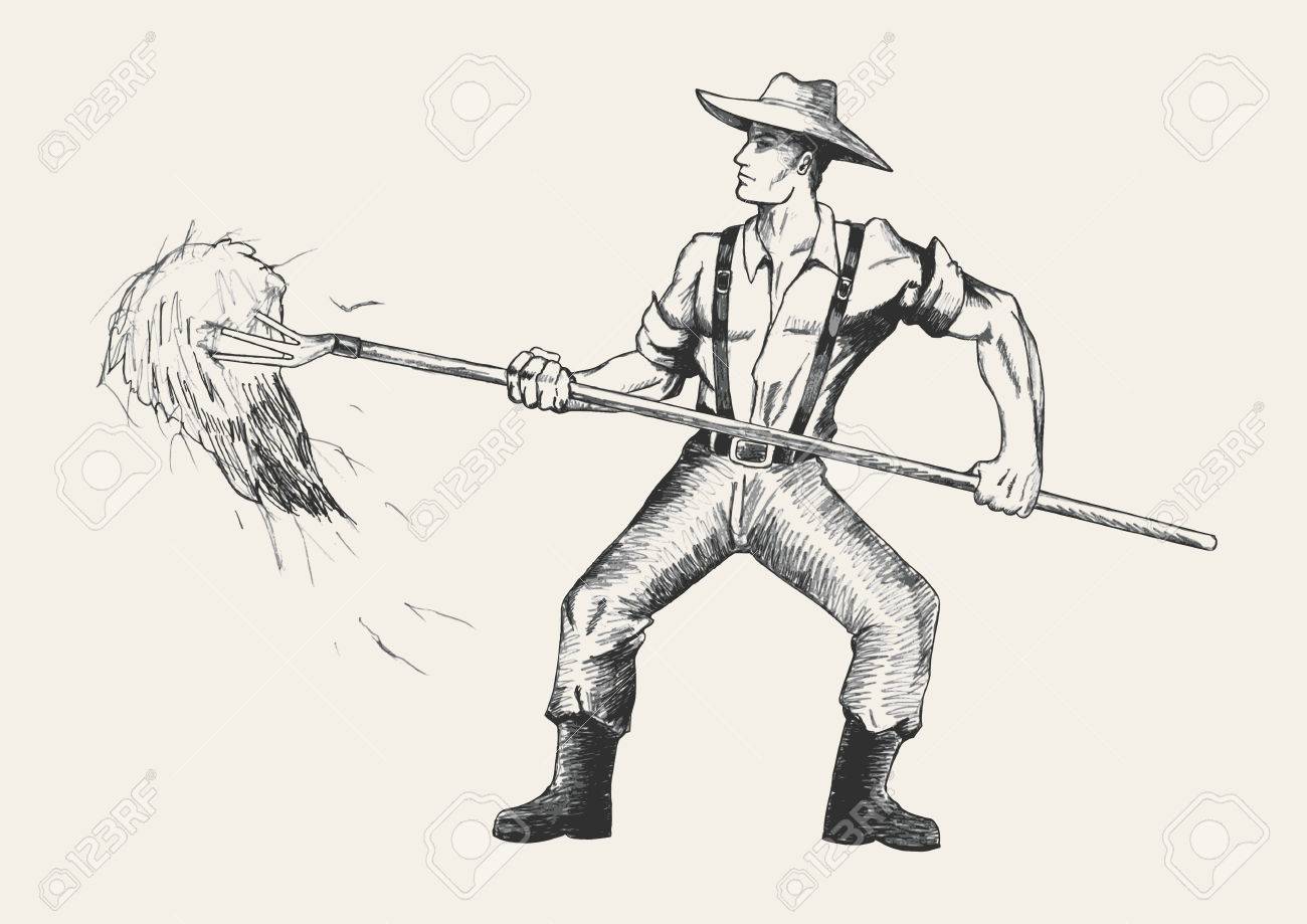 干し草の収集熊手を持つ農夫のイラストをスケッチします のイラスト素材 ベクタ Image