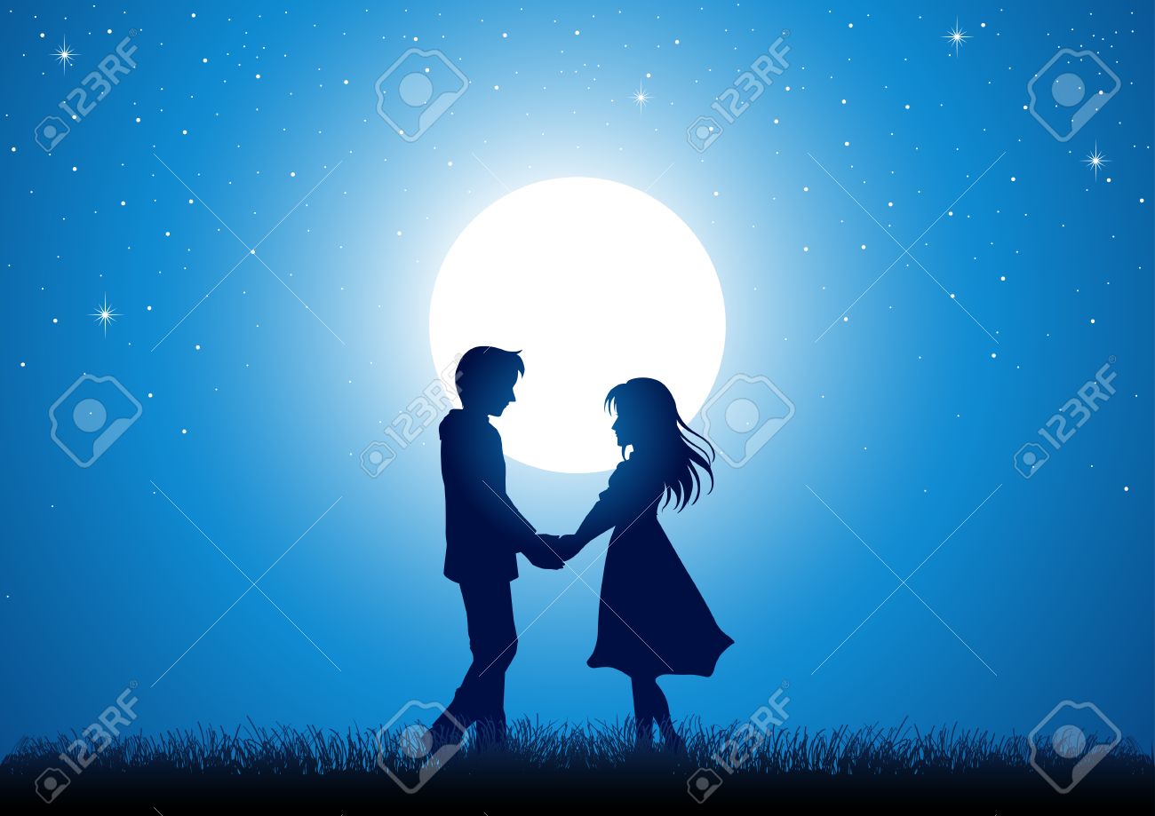 silhouette illustration of young couple holding hands under the moonlight stock vector 45522083