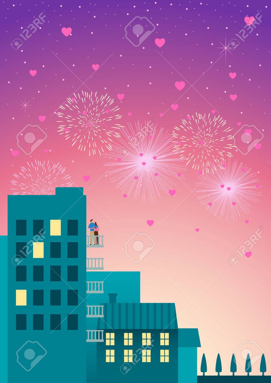 空気にハートの形をしたホテルやマンションのバルコニーで花火を見ているいくつかの美しいシンプルなグラフィックのイラスト素材 ベクタ Image 空気にハートの形をしたホテルやマンションのバルコニーで花火を見ているいくつかの美しいシンプルなグラフィックのイラスト素材 ベクタ Image