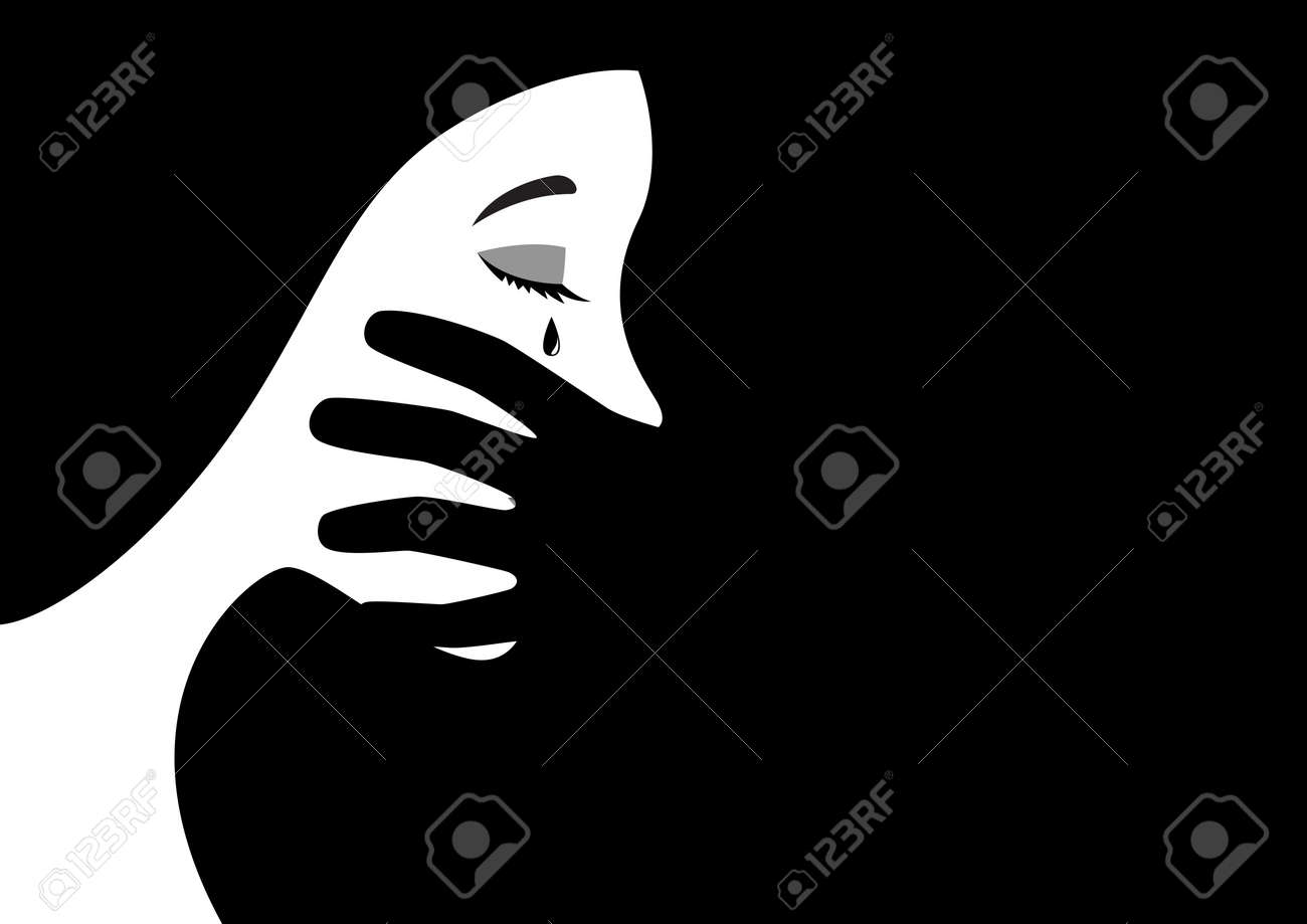 Black and white illustration of a hand covering woman mouth concept for abuse or domestic violence. - 90908765 Black and white illustration of a hand covering woman mouth concept for abuse or domestic violence. - 90908765
