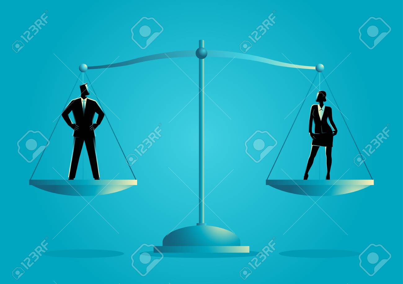 Business concept vector illustration of a businessman and businesswoman standing on a scale. Gender equality concept - 92539182 Business concept vector illustration of a businessman and businesswoman standing on a scale. Gender equality concept - 92539182