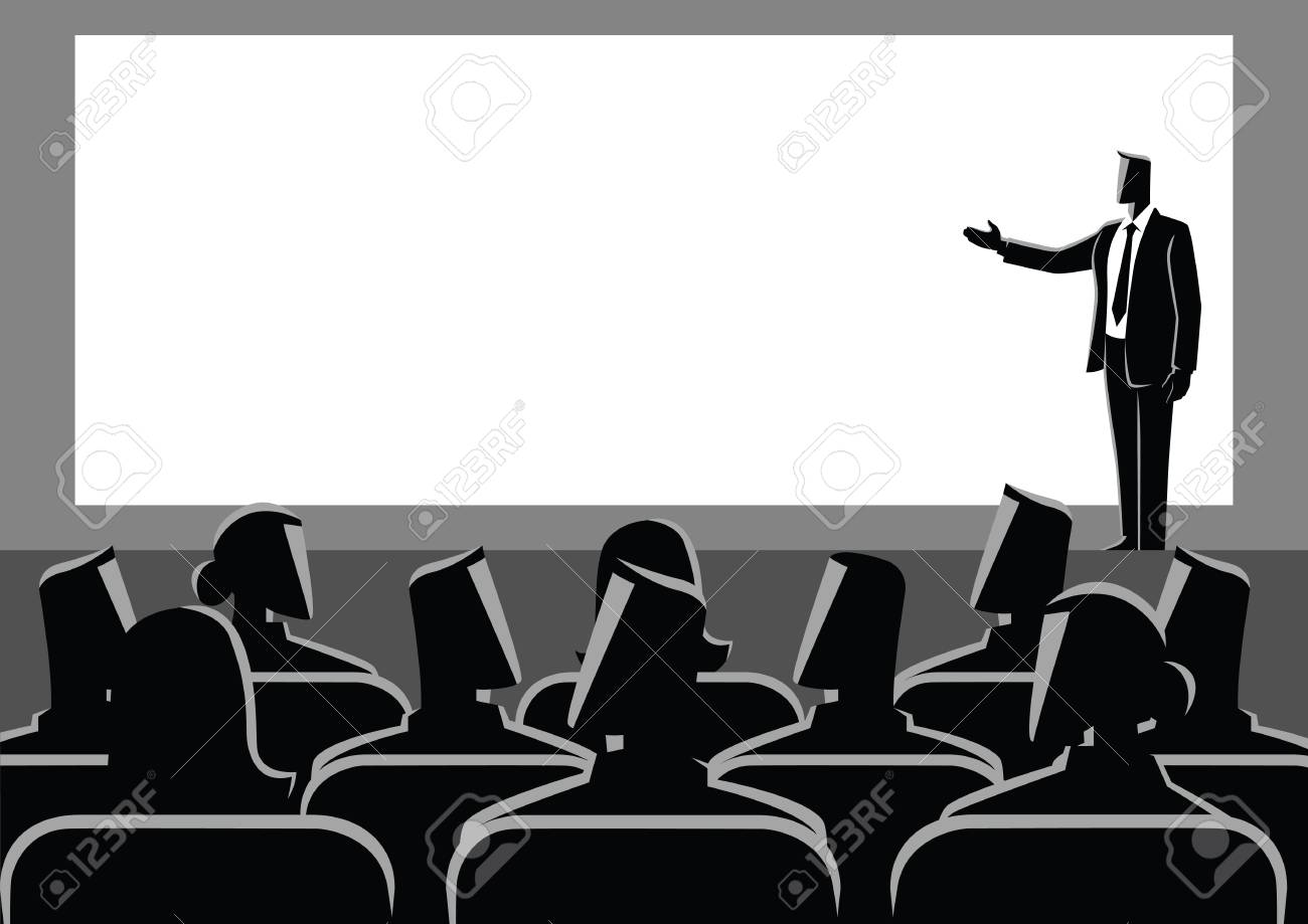 大画面でプレゼンテーションを行うビジネスマンのビジネスコンセプトイラスト 聴衆 セミナー 会議テーマのイラスト素材 ベクタ Image