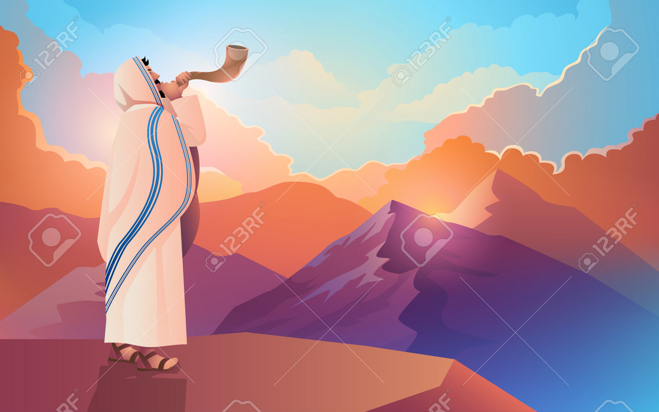 Vector Artwork Of A Jewish Man Blowing The Shofar Ram's Horn On A Beautiful  Mountain And Cloudscape Background, For Rosh Hashanah And Yom Kippur Day,  Vector Illustration Royalty Free SVG, Cliparts, Vectors,, image size:1300x813
