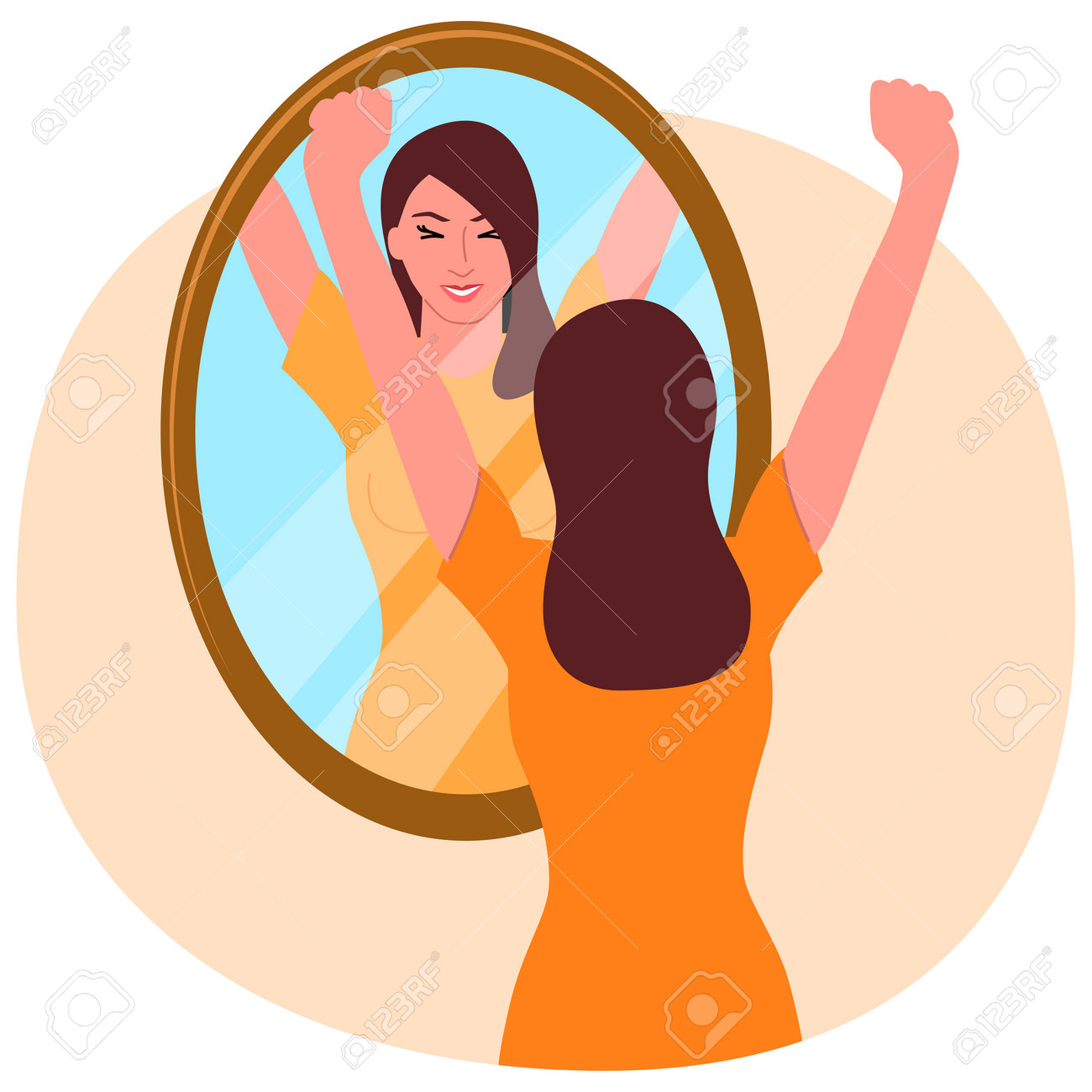 Clip Art Of A Happy Young Woman Looking In The Mirror, Self Love,  Manifestation, Confident Concept, Vector Illustration Royalty Free SVG,  Cliparts, Vectors, and Stock Illustration. Image 212788673., image size:1300x1300