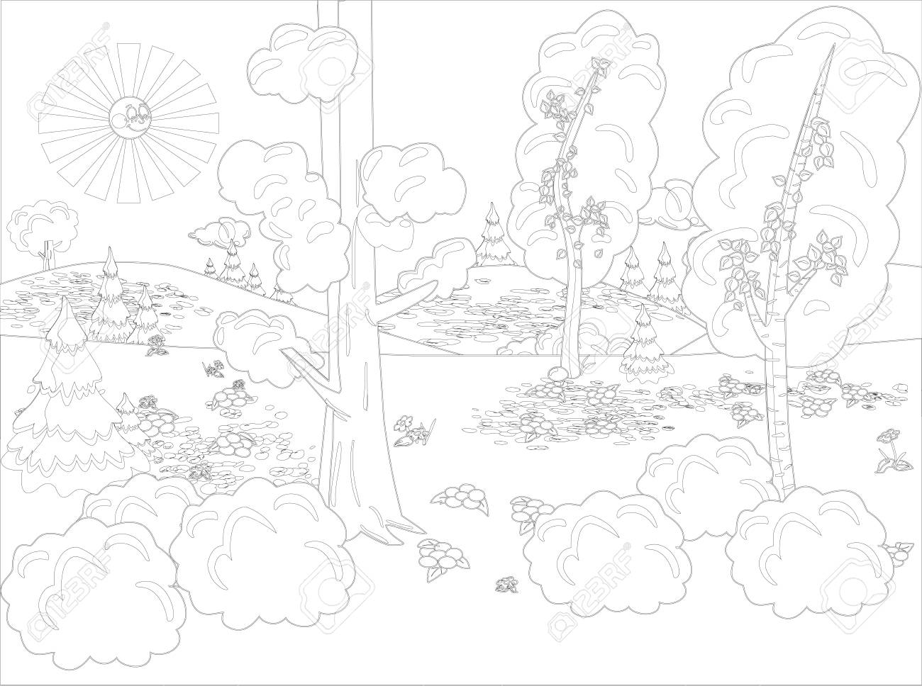 手は 装飾的なラインと装飾的な景色の木図を描画します ヴィンテージでは カラーの風景画様式化されました 黒と白の大人のためのぬり絵 ベクトルの図 のイラスト素材 ベクタ Image 71246258