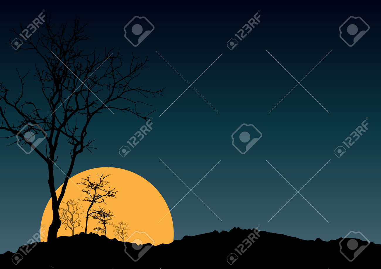 ハロウィーンの不気味な怖い背景に満月 節くれだったツリーのイラスト素材 ベクタ Image