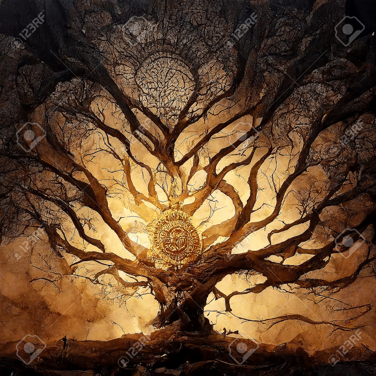 生命の木、ユグドラシル、複雑なディテール、映画のような光の写真素材  