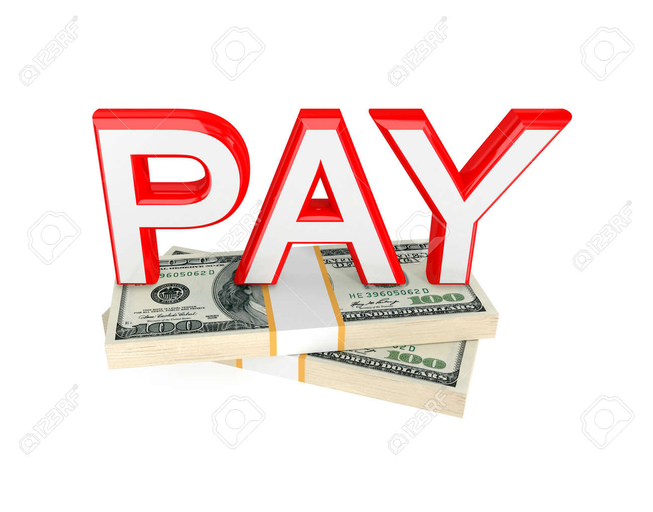 word pay and two packs of money 3d rendered isolated on white