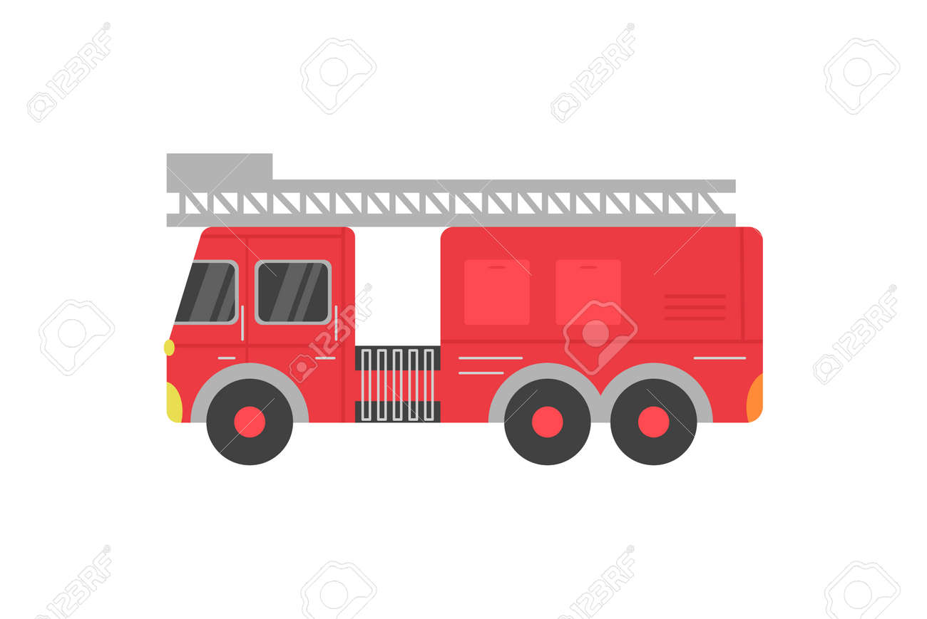 Fire rescue red truck with ladder cartoon icon, flat vector illustration isolated on white background. Fire department transport or vehicle, side view fire car. - 159293619 Fire rescue red truck with ladder cartoon icon, flat vector illustration isolated on white background. Fire department transport or vehicle, side view fire car. - 159293619