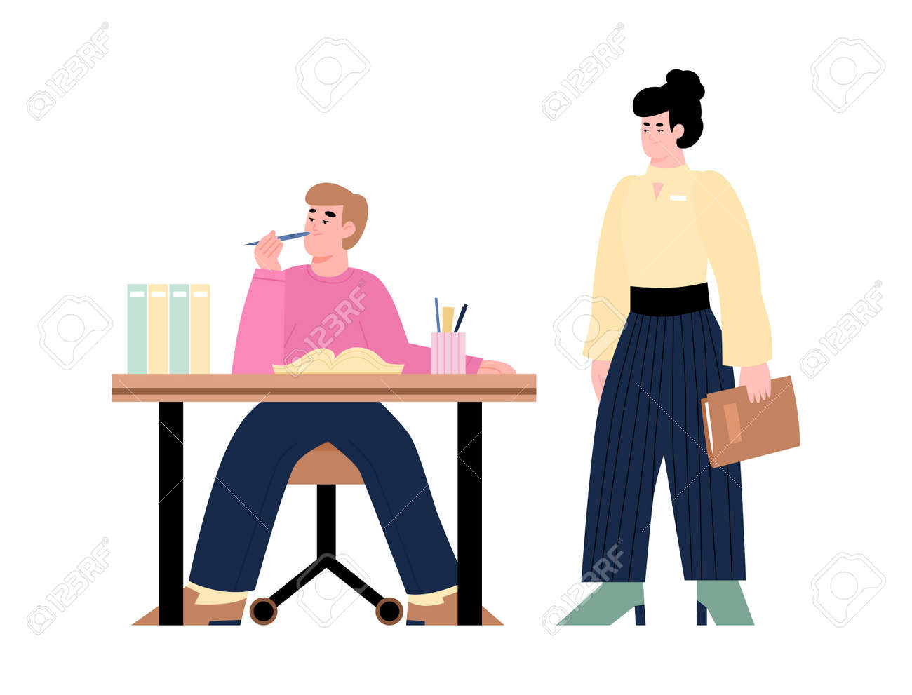 Woman office manager dissatisfied with the work of her subordinate, cartoon vector illustration isolated on white background. Inefficient worker bored at workplace. - 164811567 Woman office manager dissatisfied with the work of her subordinate, cartoon vector illustration isolated on white background. Inefficient worker bored at workplace. - 164811567